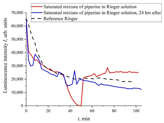 Dependence of I(t) for isotonic Ringer solution containing piperin